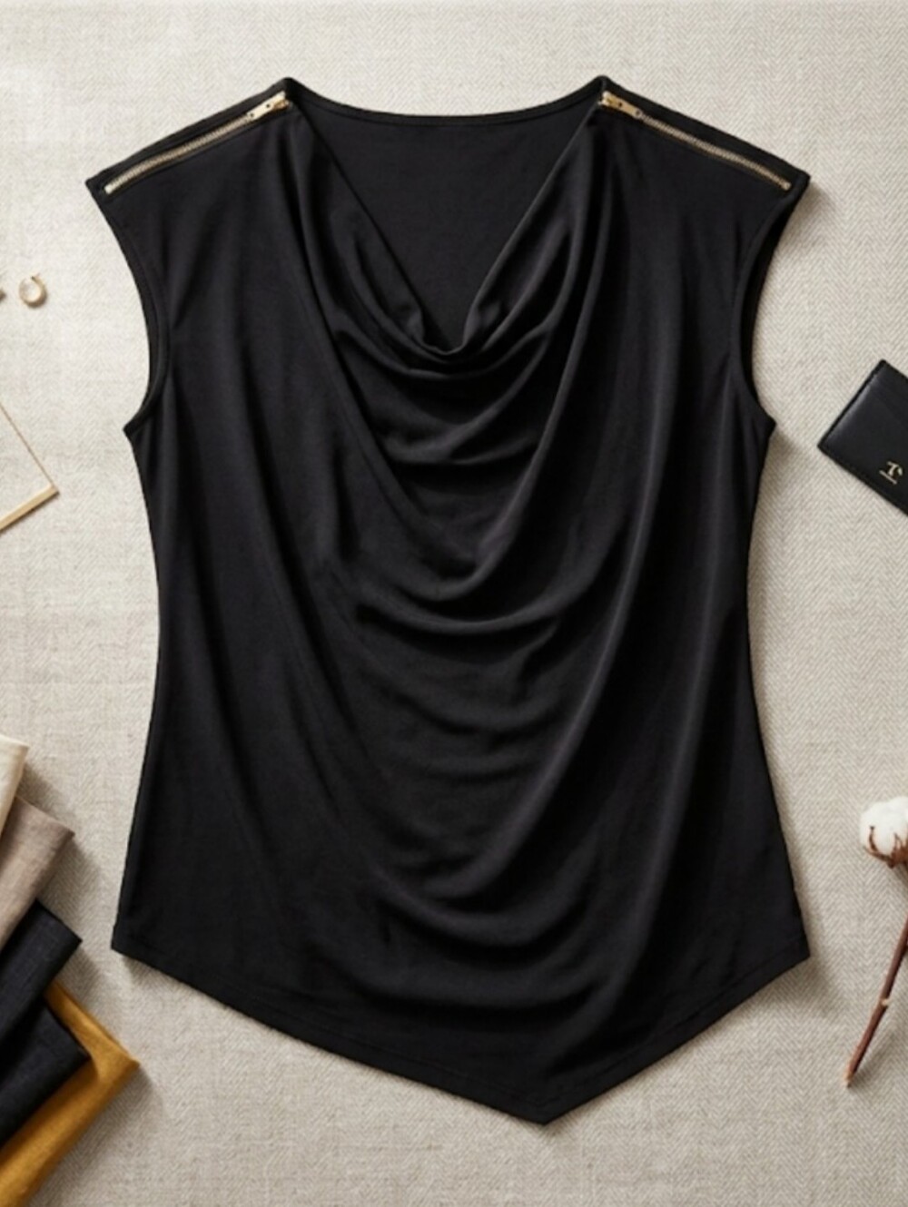 Belldini Cowl Neck Blouse with Gold Shoulder Zipper Accents